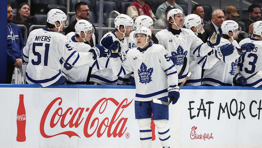 Apr 9, 2026; Elmont, New York, USA;  Toronto Maple Leafs right wing Easton Cowan (53) celebrates with teammates after scoring a goal in the second period against the New York Islanders at UBS Arena. Mandatory Credit: Wendell Cruz-Imagn Images