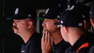 Detroit Tigers pitcher Alex Cobb watches a play from the dugout during the ninth inning at Comerica Park in Detroit on Sunday, July 27, 2025.