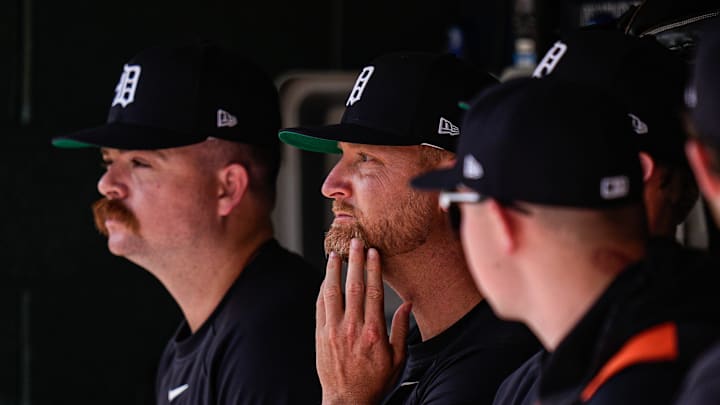 Detroit Tigers pitcher Alex Cobb watches a play from the dugout during the ninth inning at Comerica Park in Detroit on Sunday, July 27, 2025.
