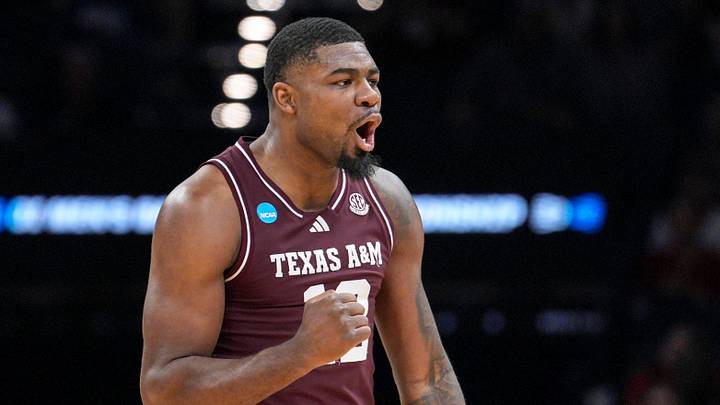 Texas A&M forward Rashaun Agee (12) celebrates in the first half during a first round men’s basketball game of the NCAA Tournament between St. Mary's and Texas A&M, at Paycom in Oklahoma City on Thursday, March 19, 2026.