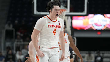Dec 9, 2023; Toronto, Ontario, CAN; Clemson Tigers forward Ian Schieffelin (4) reacts after a basket against the TCU Horned Frogs during the second half at Coca-Cola Coliseum. Mandatory Credit: John E. Sokolowski-Imagn Images