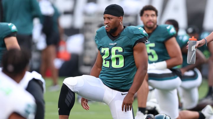 Aug 1, 2024; Philadelphia, PA, USA; Philadelphia Eagles running back Saquon Barkley (26) stretches during practice at Lincoln Financial Field. Mandatory Credit: Bill Streicher-USA TODAY Sports