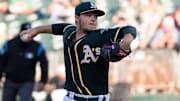Jul 14, 2017; Oakland, CA, USA; Oakland Athletics starting pitcher Sonny Gray (54) pitches the ball against the Cleveland Indians during the first inning at Oakland Coliseum. Mandatory Credit: Kelley L Cox-Imagn Images