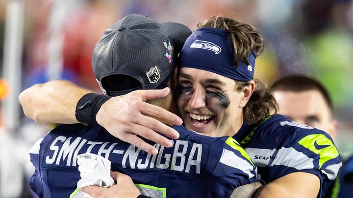 Feb 8, 2026; Santa Clara, CA, USA; Seattle Seahawks wide receiver Jake Bobo (19) celebrates with Jaxon Smith-Njigba (11) against the New England Patriots during Super Bowl LX at Levi's Stadium. 