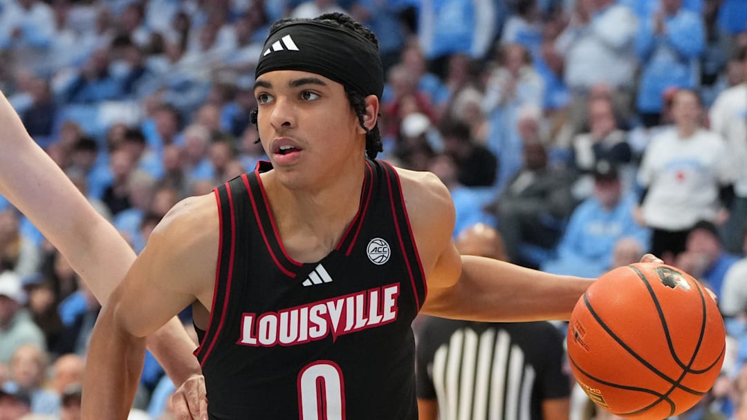Feb 23, 2026; Chapel Hill, North Carolina, USA; Louisville Cardinals guard Mikel Brown Jr. (0) with the ball in the first half at Dean E. Smith Center. Mandatory Credit: Bob Donnan-Imagn Images Feb 23, 2026; Chapel Hill, North Carolina, USA; Louisville Cardinals guard Mikel Brown Jr. (0) with the ball in the first half at Dean E. Smith Center. Mandatory Credit: Bob Donnan-Imagn Images
