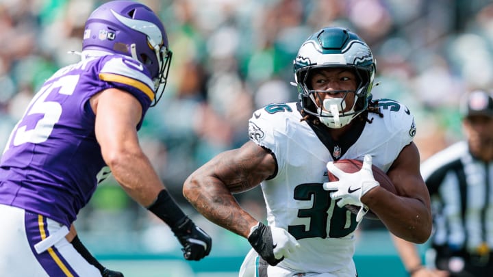 Aug 24, 2024; Philadelphia, Pennsylvania, USA; Philadelphia Eagles running back Kendall Milton (36) runs the ball against the Minnesota Vikings during the third quarter at Lincoln Financial Field. Mandatory Credit: Caean Couto-USA TODAY Sports