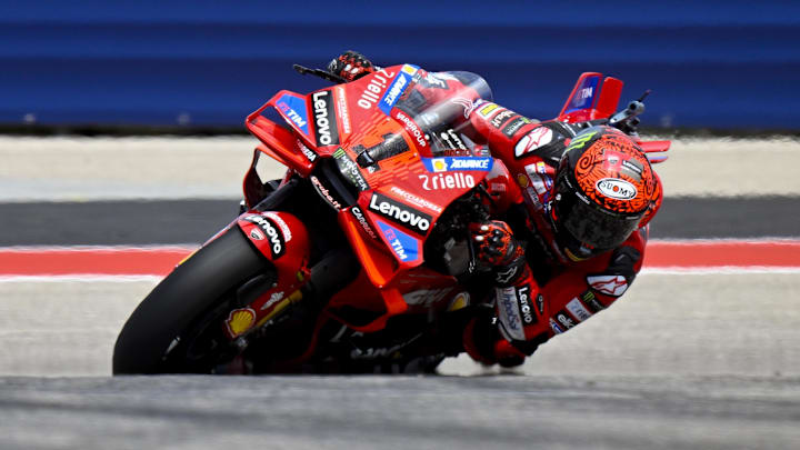 Apr 13, 2024; Austin, TX, USA; Francesco Bagnaia (1) of Italy and Ducati Lenovo Team rides during the qualifying session for the MotoGP Grand Prix of the Americas at Circuit of The Americas. Mandatory Credit: Jerome Miron-Imagn Images