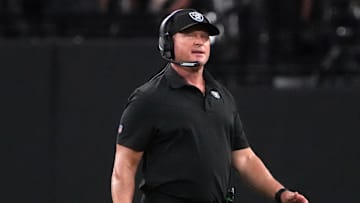Sep 13, 2021; Paradise, Nevada, USA; Las Vegas Raiders head coach Jon Gruden reacts against the Baltimore Ravens during the second half at Allegiant Stadium. Mandatory Credit: Kirby Lee-Imagn Images