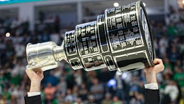 Brad Ralph, the head coach of the Florida Everblades holds the Kelly Cup after a win in gam 5 of the ECHL Kelly Cup Finals against the Kansas City Mavericks at Hertz Arena in Estero on June 8, 2024. The Everblades won in overtime 4Ñ3.