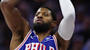 Nov 17, 2025; Philadelphia, Pennsylvania, USA; Philadelphia 76ers forward Paul George (8) shoots the ball against the LA Clippers during the first quarter at Xfinity Mobile Arena. Mandatory Credit: Bill Streicher-Imagn Images
