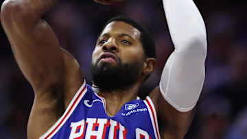 Nov 17, 2025; Philadelphia, Pennsylvania, USA; Philadelphia 76ers forward Paul George (8) shoots the ball against the LA Clippers during the first quarter at Xfinity Mobile Arena. Mandatory Credit: Bill Streicher-Imagn Images