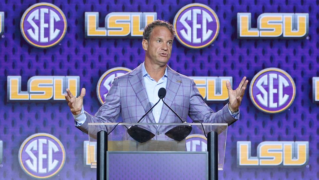 LSU Tigers head coach Lane Kiffin speaks to the press during SEC Football Kickoff Media Day at the Tampa Marriott. LSU Tigers head coach Lane Kiffin speaks to the press during SEC Football Kickoff Media Day at the Tampa Marriott.