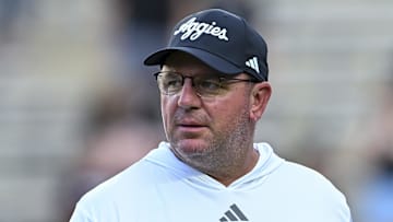 Oct 4, 2025; College Station, Texas, USA; Texas A&M Aggies head coach Mike Elko looks on prior to the game against the Mississippi State Bulldogs at Kyle Field. 