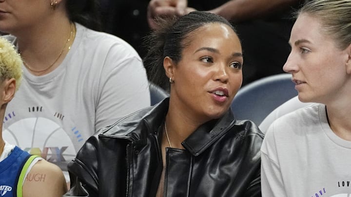 Jun 21, 2025; Minneapolis, Minnesota, USA; Minnesota Lynx forward Napheesa Collier (24) talks with guard Karlie Samuelson (44) in the third quarter of the game with the Los Angeles Sparks at Target Center. Mandatory Credit: Bruce Kluckhohn-Imagn Images Jun 21, 2025; Minneapolis, Minnesota, USA; Minnesota Lynx forward Napheesa Collier (24) talks with guard Karlie Samuelson (44) in the third quarter of the game with the Los Angeles Sparks at Target Center. Mandatory Credit: Bruce Kluckhohn-Imagn Images