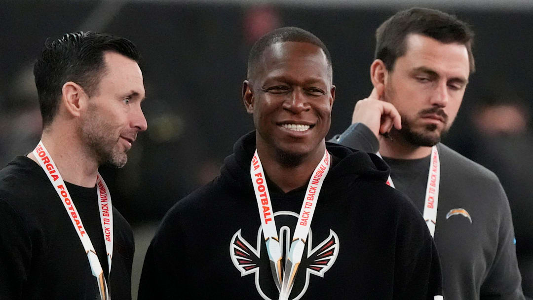 Atlanta Falcons head coach Raheem Morris looks on during UGA Footballs Pro Day in Athens, Ga., on Wednesday, March 12, 2025. Representatives from all 32 NFL teams are on hand to watch former UGA football players in action.