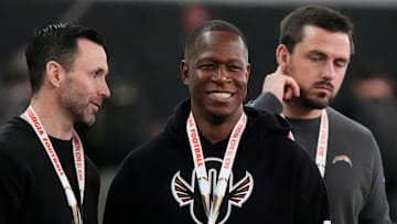 Atlanta Falcons head coach Raheem Morris looks on during UGA Footballs Pro Day in Athens, Ga., on Wednesday, March 12, 2025. Representatives from all 32 NFL teams are on hand to watch former UGA football players in action.