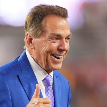 Former Alabama coach Nick Saban at the college football game between Tennessee and Alabama at Bryant-Denny Stadium in Tuscaloosa, Ala., on Oct. 18, 2025.