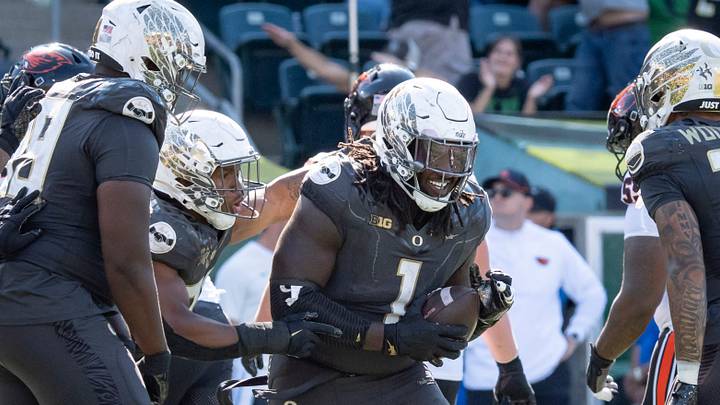 Oregon Ducks defensive lineman Bear Alexander celebrates a fumble recovery as the Oregon Ducks host the Oregon State Beavers Sept. 20, 2025, at Autzen Stadium in Eugene, Oregon.
