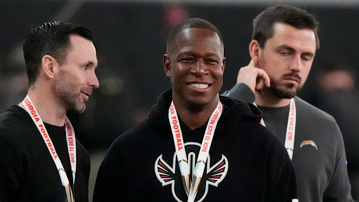 Atlanta Falcons head coach Raheem Morris looks on during UGA Footballs Pro Day in Athens, Ga., on Wednesday, March 12, 2025. Representatives from all 32 NFL teams are on hand to watch former UGA football players in action.