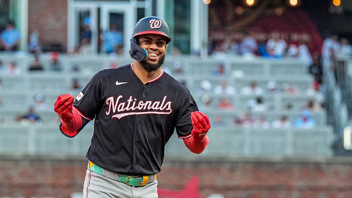 Jul 30, 2026; Cumberland, Georgia, USA; Washington Nationals first baseman Luis García Jr. (2) reacts after hitting a home run against the Atlanta Braves during the third inning at Truist Park. Mandatory Credit: Dale Zanine-Imagn Images