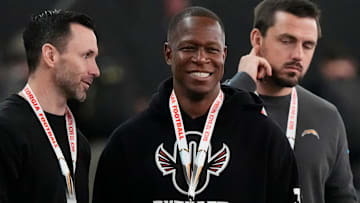 Atlanta Falcons head coach Raheem Morris looks on during UGA Footballs Pro Day in Athens, Ga., on Wednesday, March 12, 2025. Representatives from all 32 NFL teams are on hand to watch former UGA football players in action.