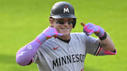 Minnesota Twins left fielder Harrison Bader reacts after walking in the second inning against the Cleveland Guardians at Progressive Field in Cleveland on April 28, 2025.
