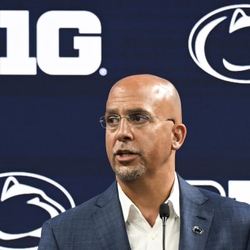 Jul 24, 2024; Indianapolis, IN, USA; Penn State Nittany Lions head coach James Franklin speaks to the media during the Big 10 football media day at Lucas Oil Stadium. 