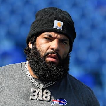 Aug 28, 2021; Orchard Park, New York, USA; Buffalo Bills offensive tackle Cody Ford (74) looks on prior to the game against the Green Bay Packers at Highmark Stadium. Mandatory Credit: Rich Barnes-Imagn Images