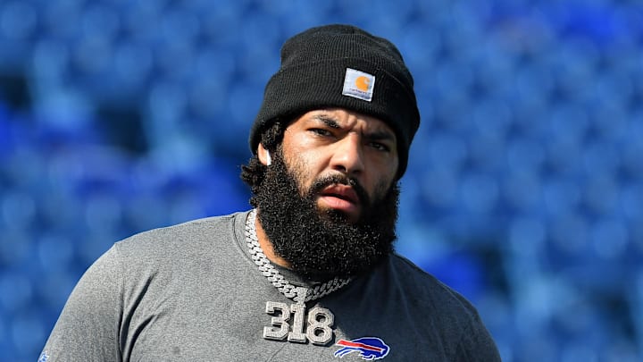 Aug 28, 2021; Orchard Park, New York, USA; Buffalo Bills offensive tackle Cody Ford (74) looks on prior to the game against the Green Bay Packers at Highmark Stadium. Mandatory Credit: Rich Barnes-Imagn Images