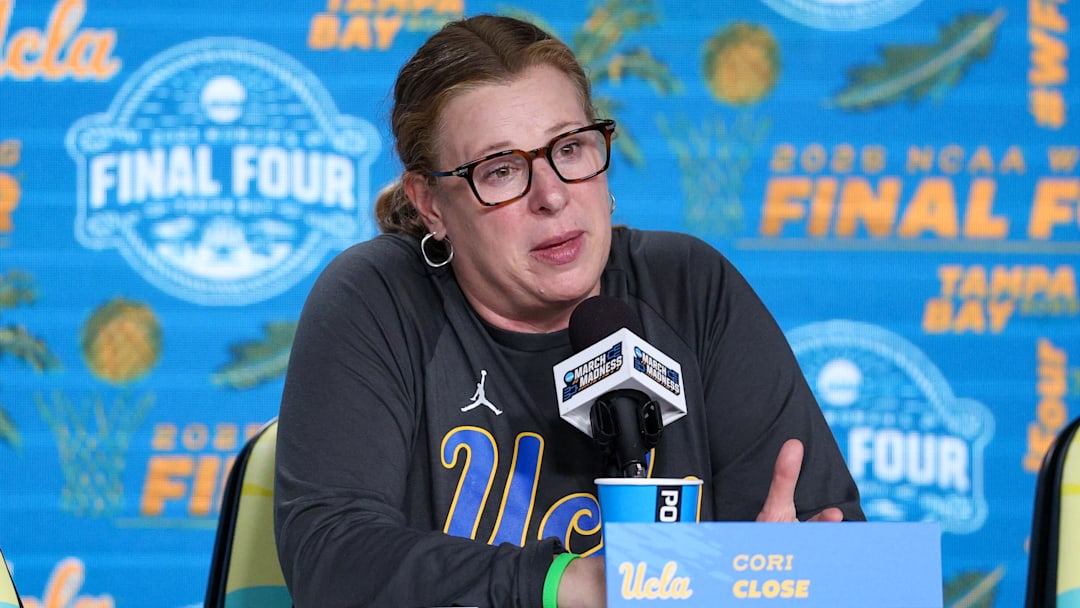 Apr 3, 2025; Tampa, FL, USA; UCLA Bruins head coach Cori Close talks to media before the NCAA Woman’s Final Four at Amalie Arena. Mandatory Credit: Nathan Ray Seebeck-Imagn Images