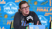 Apr 3, 2025; Tampa, FL, USA; UCLA Bruins head coach Cori Close talks to media before the NCAA Woman’s Final Four at Amalie Arena. Mandatory Credit: Nathan Ray Seebeck-Imagn Images