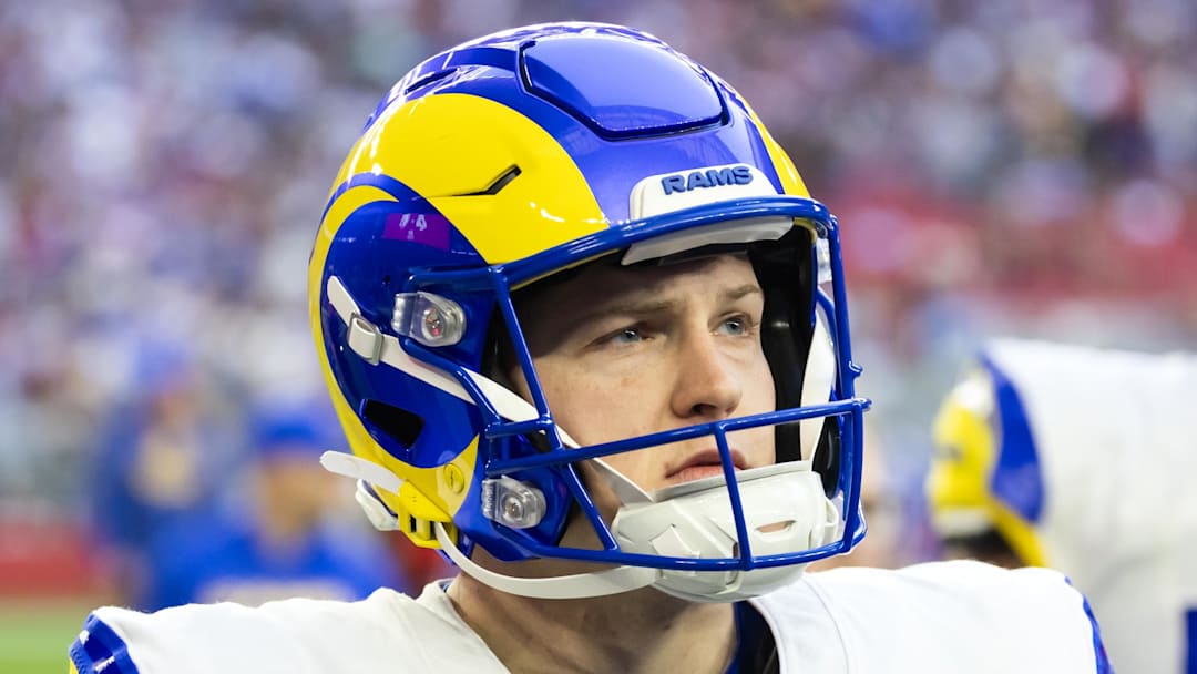 Dec 7, 2025; Glendale, Arizona, USA; Los Angeles Rams  kicker Harrison Mevis (92) against the Arizona Cardinals at State Farm Stadium. Mandatory Credit: Mark J. Rebilas-Imagn Images