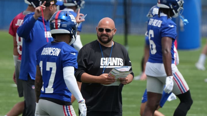 East Rutherford, NJ -- June 11, 2024 -- Head coach Brian Daboll at the NY Giants Mandatory Minicamp at their practice facility in East Rutherford, NJ.