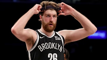 Brooklyn Nets forward Drew Timme adjusts his headband during the fourth quarter against the Los Angeles Clippers.