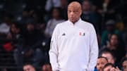 Mar 4, 2025; Atlanta, Georgia, USA; Miami Hurricanes head coach Bill Courtney on the sideline against the Georgia Tech Yellow Jackets in the first half at McCamish Pavilion.
