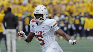 Sep 7, 2024; Ann Arbor, Michigan, USA;  Texas Longhorns wide receiver Ryan Wingo (5) warms up against the Michigan Wolverines at Michigan Stadium. Mandatory Credit: Rick Osentoski-Imagn Images