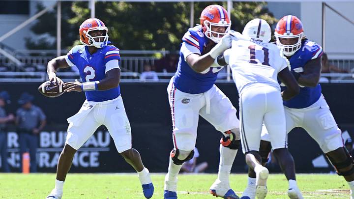 Sep 21, 2024; Starkville, Mississippi, USA; Florida Gators quarterback DJ Lagway (2) throws a pass against the Mississippi State Bulldogs during the during the second quarter at Davis Wade Stadium at Scott Field. Mandatory Credit: Matt Bush-Imagn Images