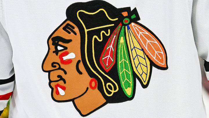 Feb 14, 2023; Montreal, Quebec, CAN; View of a Chicago Blackhawks logo on a jersey worn by a member of the team against the Montreal Canadiens during the third period at Bell Centre. Feb 14, 2023; Montreal, Quebec, CAN; View of a Chicago Blackhawks logo on a jersey worn by a member of the team against the Montreal Canadiens during the third period at Bell Centre.