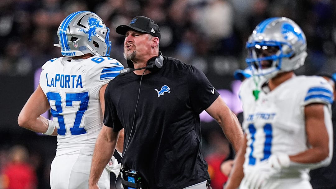 Detroit Lions head coach Dan Campbell celebrates a touchdown against Baltimore Ravens scored by running back Jahmyr Gibbs (not in the photo) during the second half at M&T Bank Stadium in Baltimore, Md. on Monday, Sept. 22, 2025.