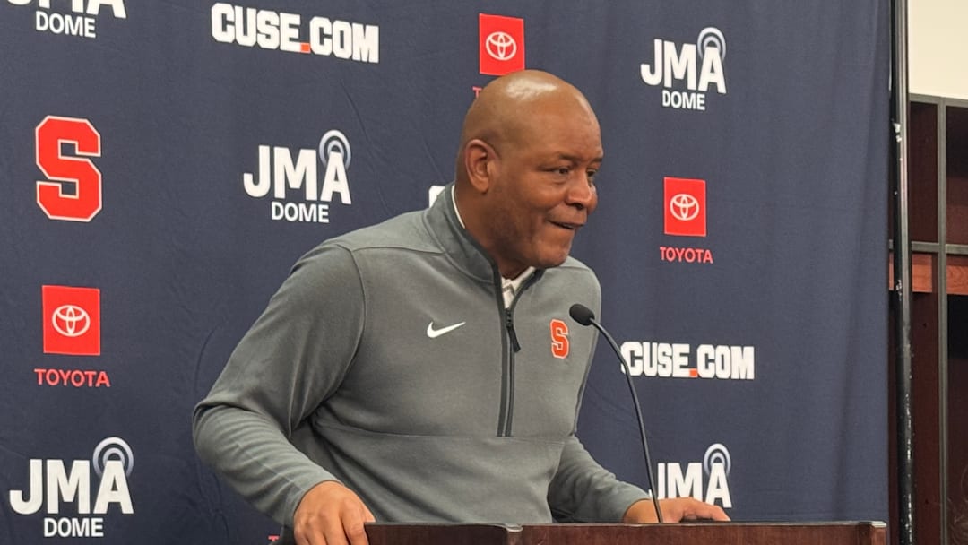 Nov 8, 2025; Syracuse, New York, USA; Syracuse Orange head coach Adrian Autry talks to the media following a win over Delaware State.