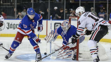 Jan 4, 2024; New York, New York, USA; New York Rangers defenseman Adam Fox (23) and goaltender Igor