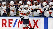Florida Panthers forward Brad Marchand reacts after scoring a goal against the Edmonton Oilers.