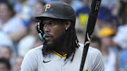 Jun 23, 2025; Milwaukee, Wisconsin, USA; Pittsburgh Pirates outfielder Oneil Cruz (15) up to bat in the second inning against the Milwaukee Brewers at American Family Field