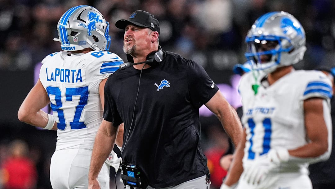 Detroit Lions head coach Dan Campbell celebrates a touchdown against Baltimore Ravens scored by running back Jahmyr Gibbs (not in the photo) during the second half at M&T Bank Stadium in Baltimore, Md. on Monday, Sept. 22, 2025.