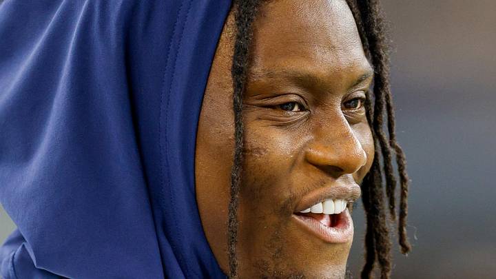 Aug 22, 2025; Arlington, Texas, USA; Dallas Cowboys wide receiver George Pickens (3) looks on from the sidelines during the second quarter against the Atlanta Falcons at AT&T Stadium. Mandatory Credit: Andrew Dieb-Imagn Images