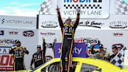 NASCAR Xfinity Series driver Brandon Jones (20) celebrates his win in victory lane during the Great Clips 200 at Darlington Raceway Aprii 5, 2025. He will make his second Craftsman Truck Series start of the season, sponsored by the University of Arkansas' College of Engineering Friday, April 11 at Bristol Motor Speedway.