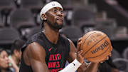 Mar 14, 2025; Atlanta, Georgia, USA; Atlanta Hawks guard Caris LeVert (3) warms up on the court prior to the game against the LA Clippers at State Farm Arena. Mandatory Credit: Dale Zanine-Imagn Images