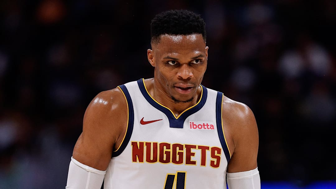 Oct 13, 2024; Denver, Colorado, USA; Denver Nuggets guard Russell Westbrook (4) in the second quarter against the Phoenix Suns at Ball Arena. Mandatory Credit: Isaiah J. Downing-Imagn Images