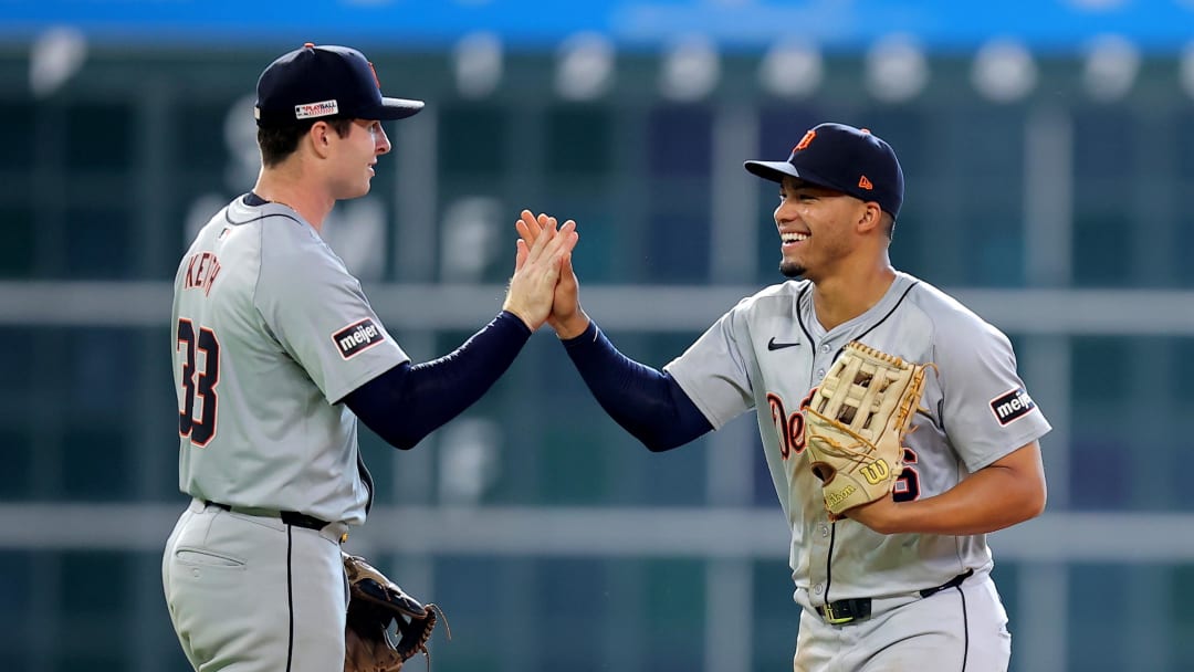 Jun 15, 2024; Houston, Texas, USA; Detroit Tigers second baseman Colt Keith (33) congratulates right fielder Wenceel Pérez (46) after the final out against the Houston Astros during the ninth inning at Minute Maid Park. Mandatory Credit: Erik Williams-USA TODAY Sports