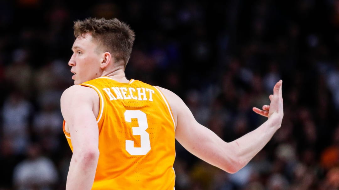 Tennessee guard Dalton Knecht (3) celebrates a three-point basket against Purdue during the second half of the NCAA tournament Midwest Regional Elite 8 round at Little Caesars Arena in Detroit on Sunday, March 31, 2024.